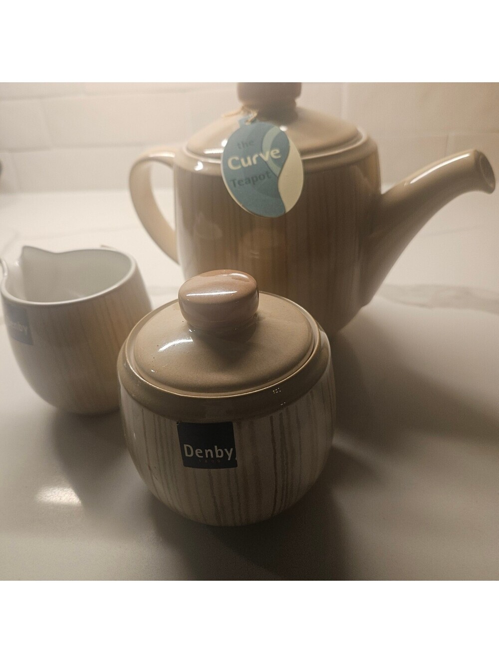 Denby Caramel Stripes Curve Teapot Covered Sugar Bowl Creamer 3 Pc Set England